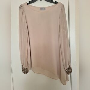 Elegant Wallis Beige Chiffon Blouse with Brown Sequin Sleeves (Size M)